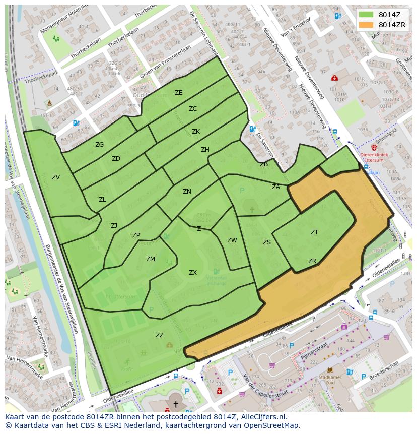 Afbeelding van het postcodegebied 8014 ZR op de kaart.