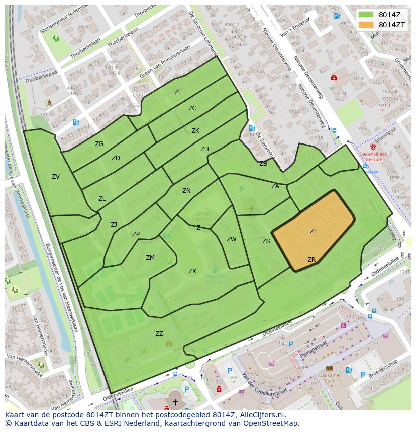 Afbeelding van het postcodegebied 8014 ZT op de kaart.