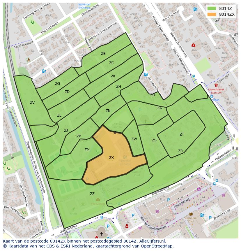 Afbeelding van het postcodegebied 8014 ZX op de kaart.