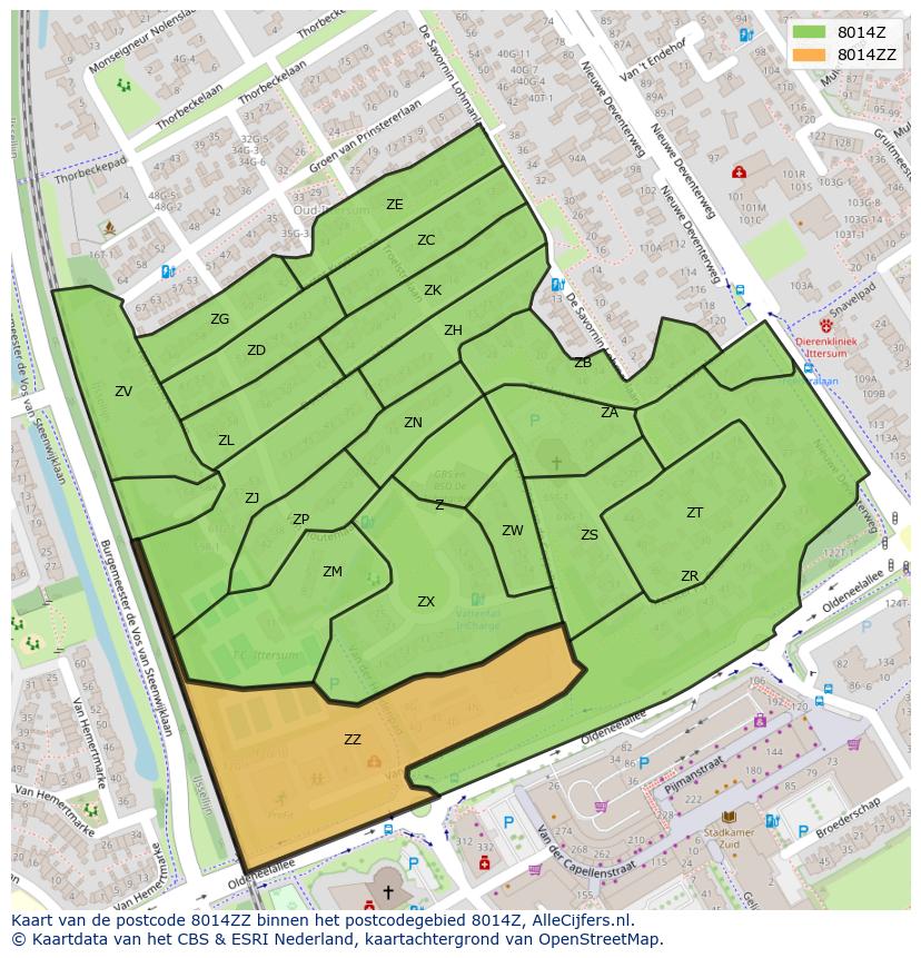 Afbeelding van het postcodegebied 8014 ZZ op de kaart.