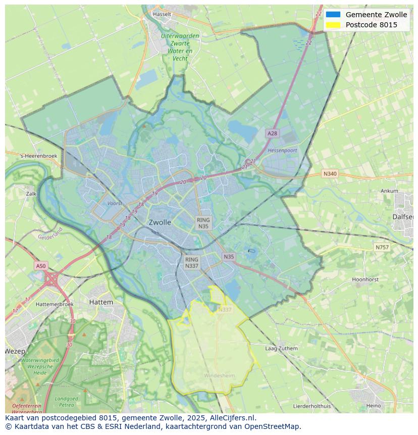 Afbeelding van het postcodegebied 8015 op de kaart.
