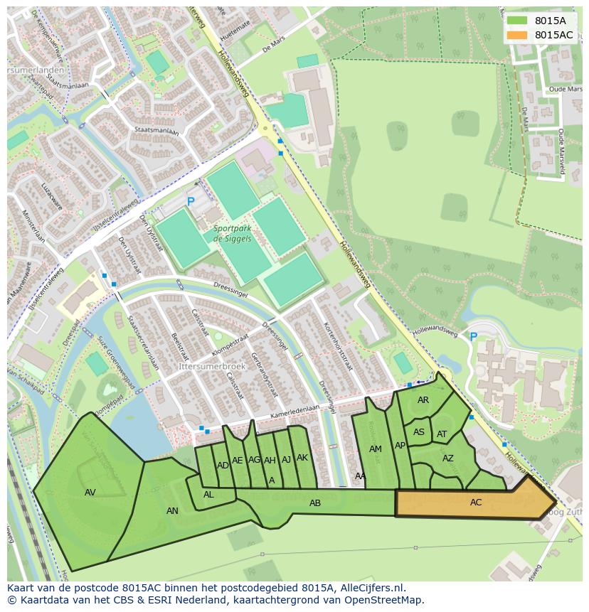 Afbeelding van het postcodegebied 8015 AC op de kaart.
