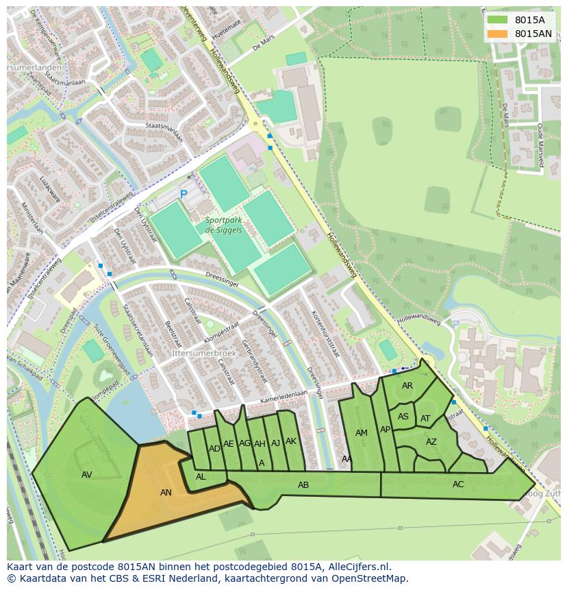 Afbeelding van het postcodegebied 8015 AN op de kaart.