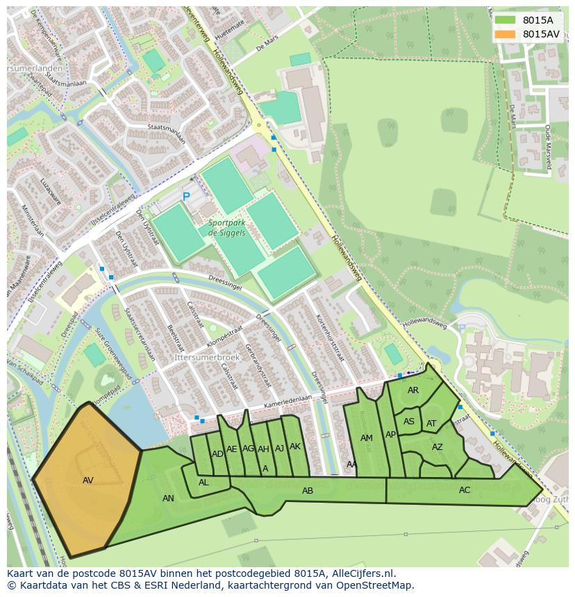 Afbeelding van het postcodegebied 8015 AV op de kaart.