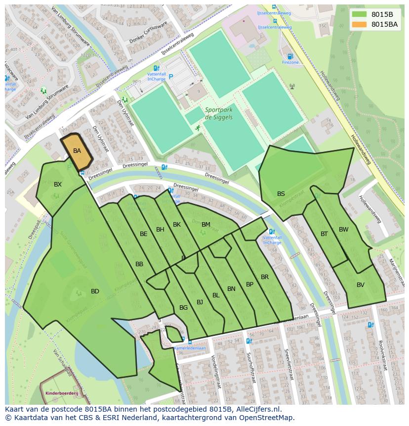 Afbeelding van het postcodegebied 8015 BA op de kaart.