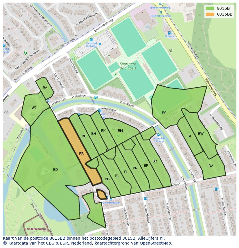 Afbeelding van het postcodegebied 8015 BB op de kaart.