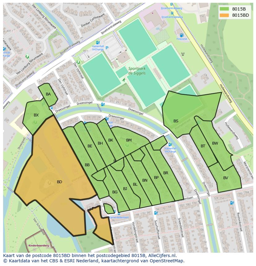 Afbeelding van het postcodegebied 8015 BD op de kaart.