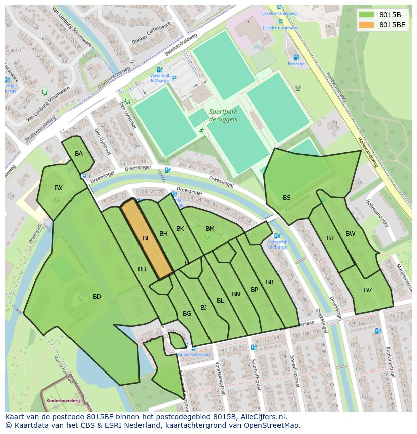 Afbeelding van het postcodegebied 8015 BE op de kaart.