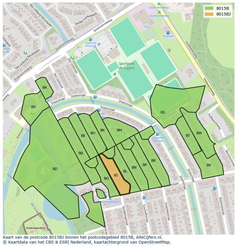 Afbeelding van het postcodegebied 8015 BJ op de kaart.