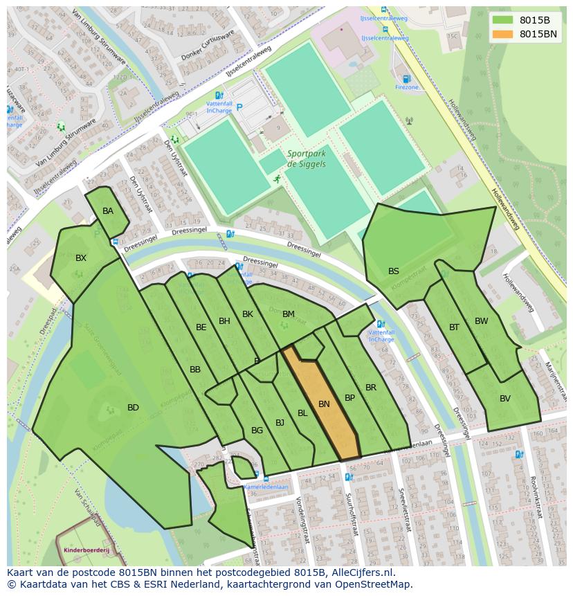 Afbeelding van het postcodegebied 8015 BN op de kaart.