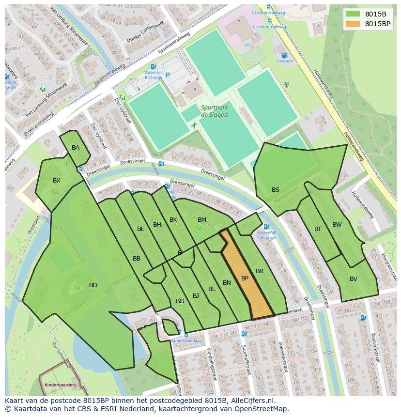 Afbeelding van het postcodegebied 8015 BP op de kaart.