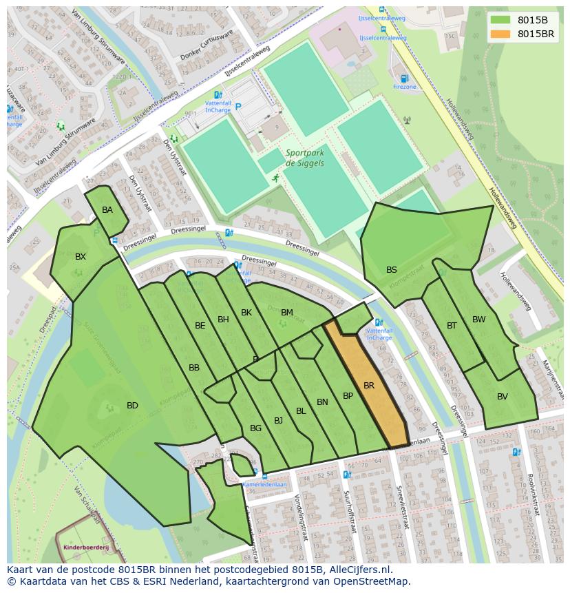 Afbeelding van het postcodegebied 8015 BR op de kaart.