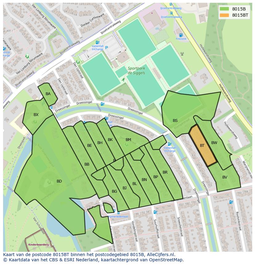 Afbeelding van het postcodegebied 8015 BT op de kaart.