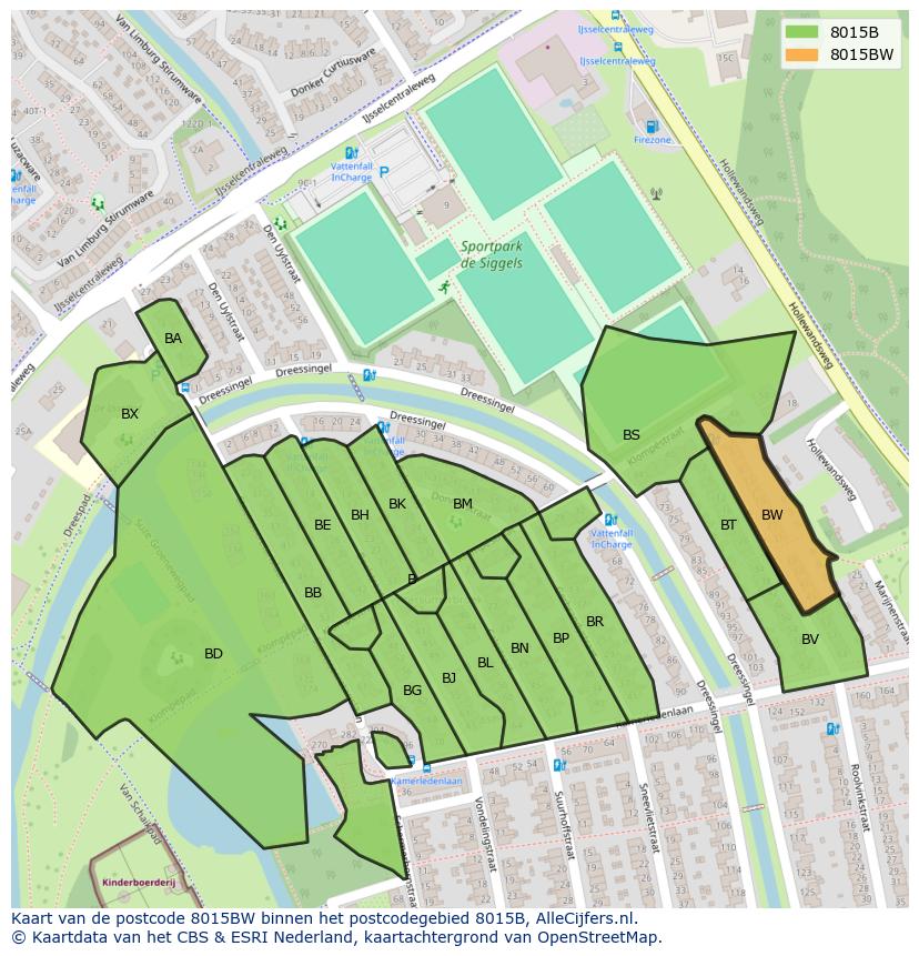 Afbeelding van het postcodegebied 8015 BW op de kaart.