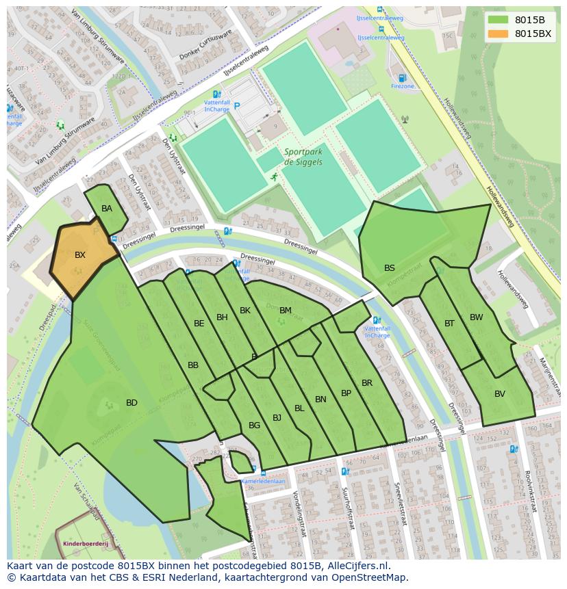 Afbeelding van het postcodegebied 8015 BX op de kaart.