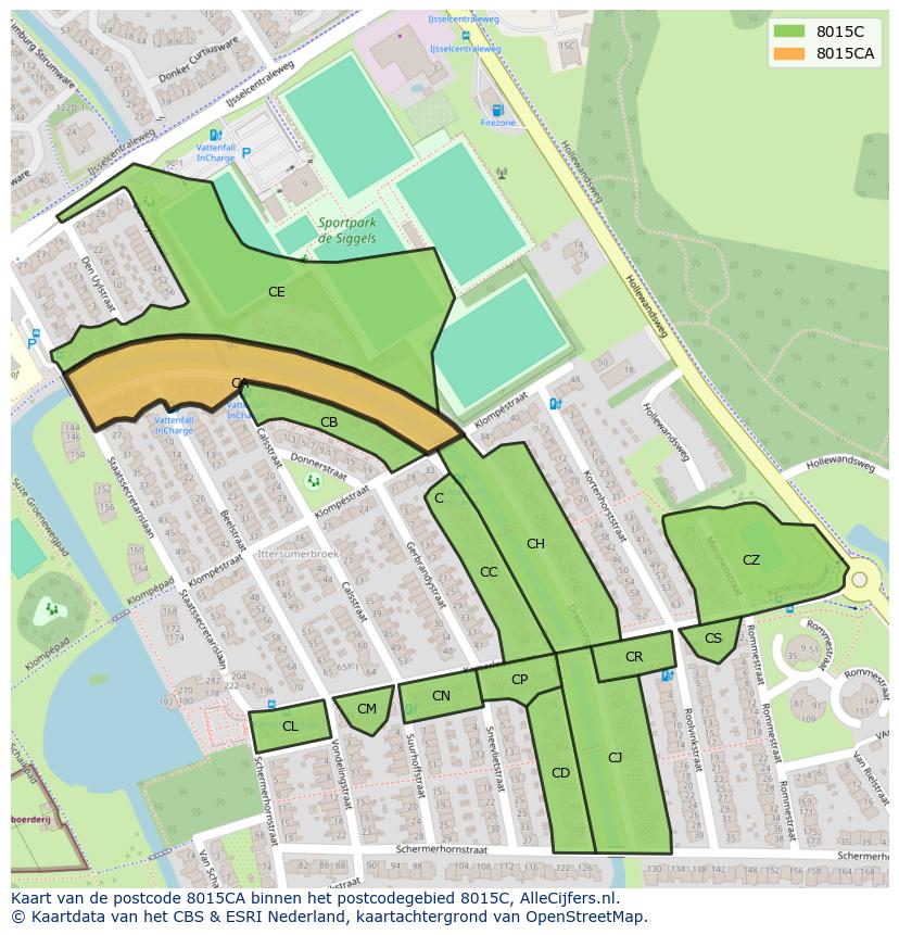 Afbeelding van het postcodegebied 8015 CA op de kaart.
