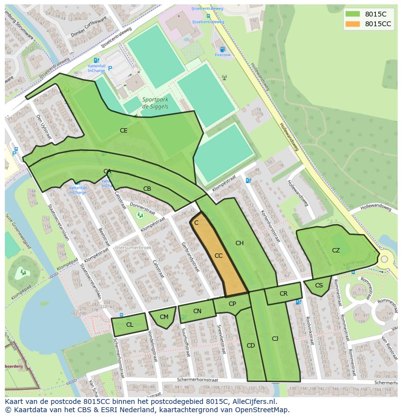 Afbeelding van het postcodegebied 8015 CC op de kaart.