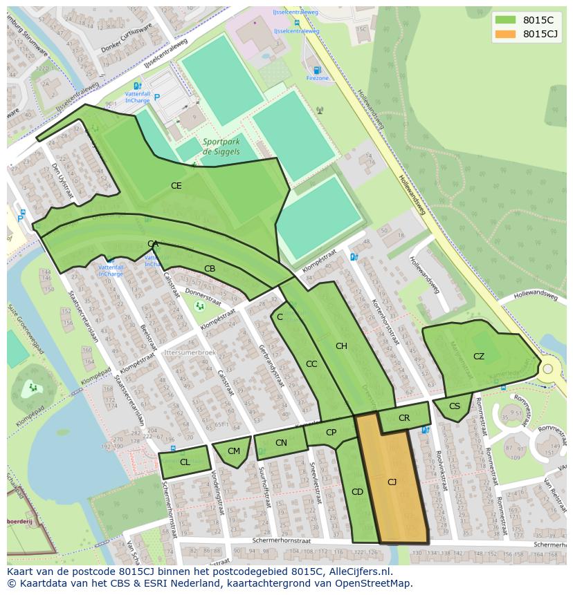 Afbeelding van het postcodegebied 8015 CJ op de kaart.