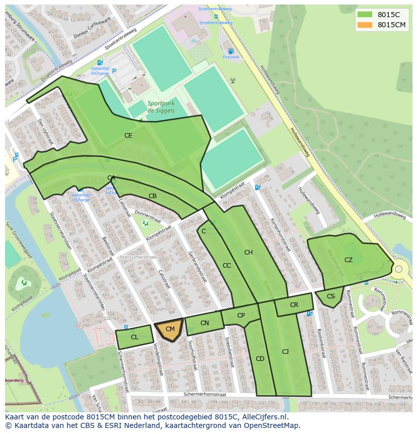 Afbeelding van het postcodegebied 8015 CM op de kaart.