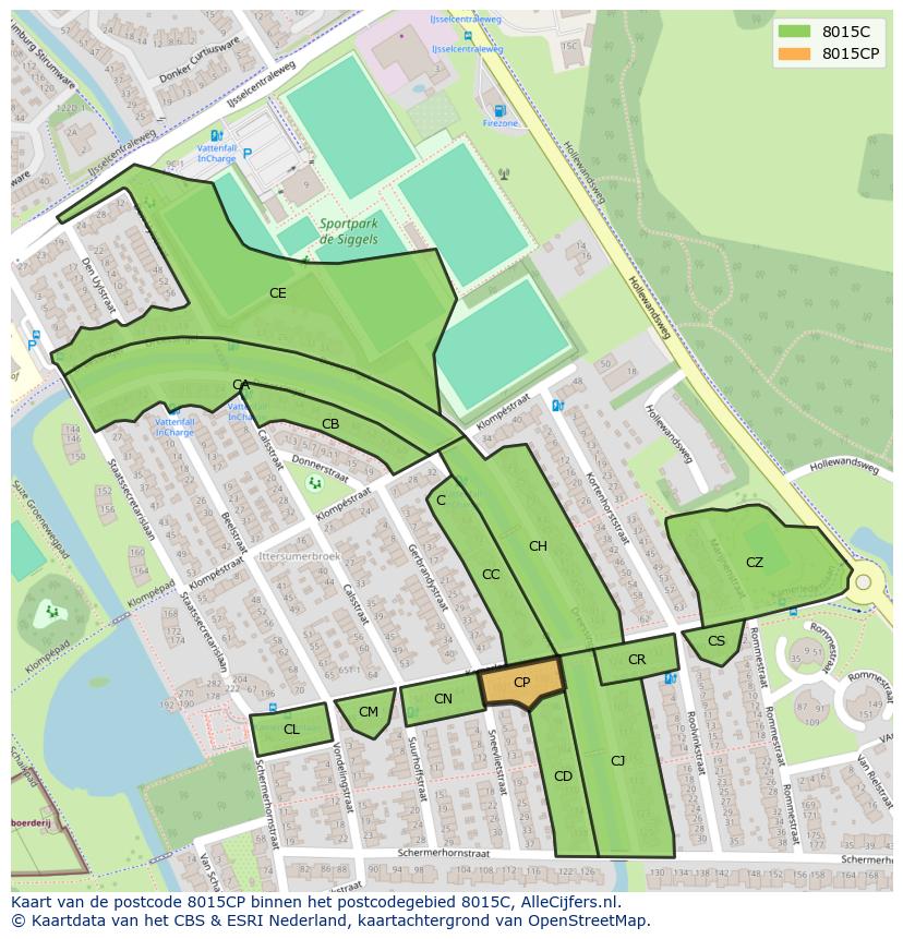 Afbeelding van het postcodegebied 8015 CP op de kaart.