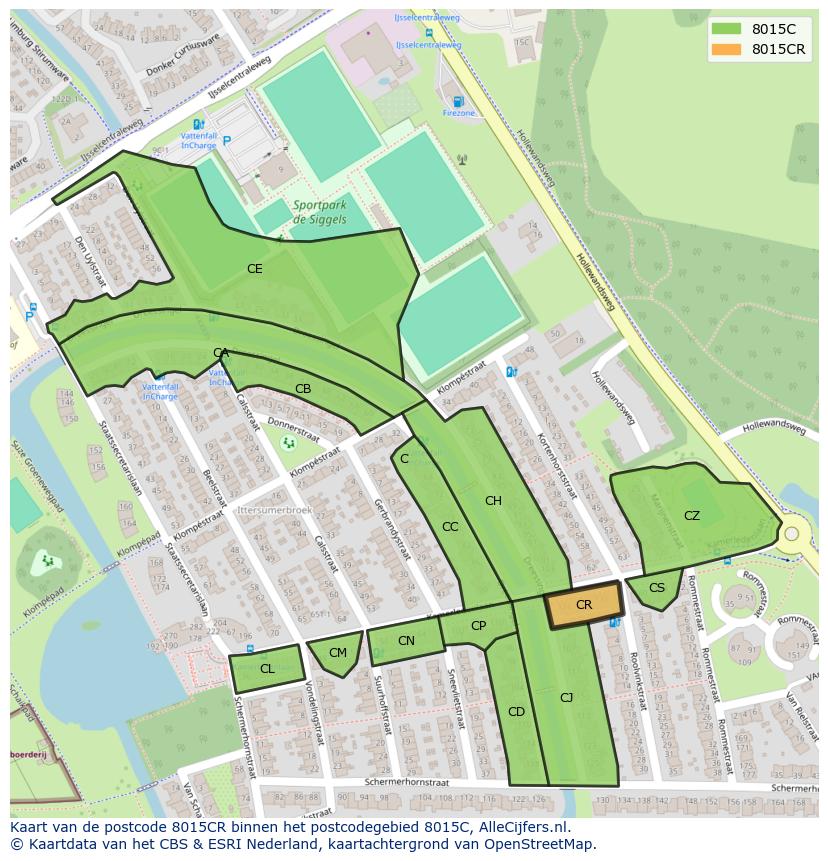 Afbeelding van het postcodegebied 8015 CR op de kaart.