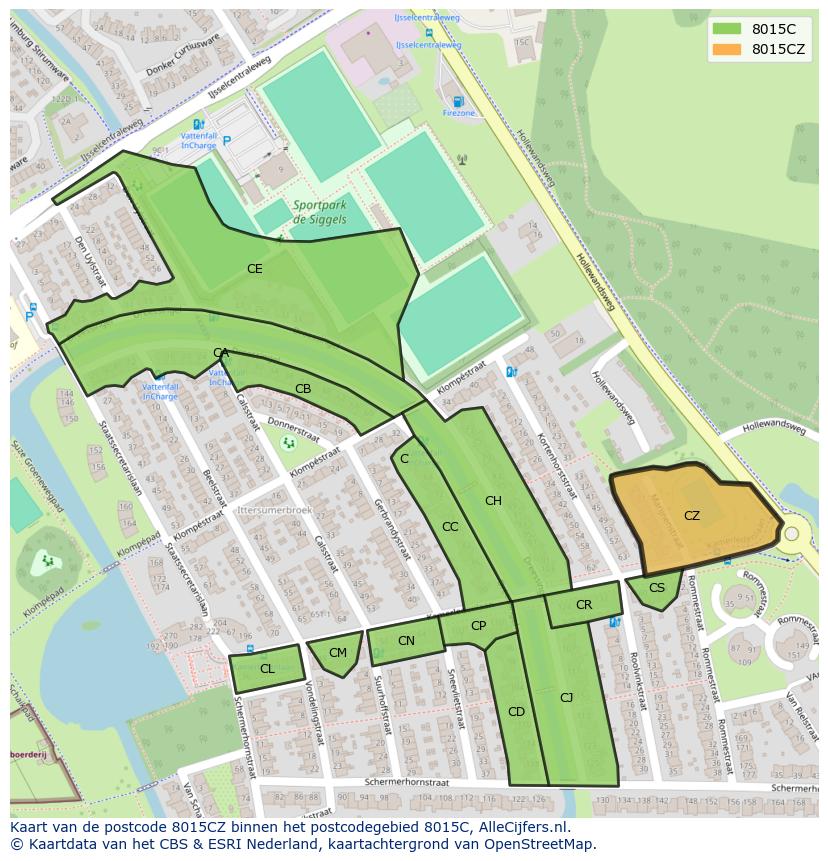 Afbeelding van het postcodegebied 8015 CZ op de kaart.