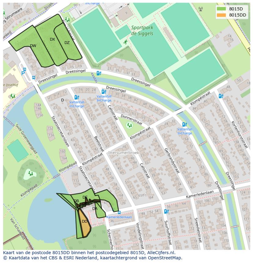 Afbeelding van het postcodegebied 8015 DD op de kaart.