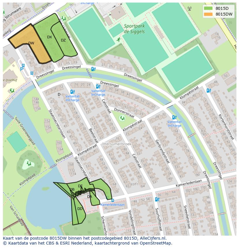 Afbeelding van het postcodegebied 8015 DW op de kaart.