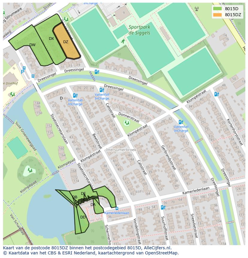 Afbeelding van het postcodegebied 8015 DZ op de kaart.