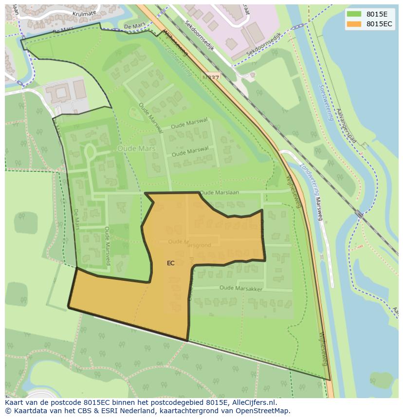 Afbeelding van het postcodegebied 8015 EC op de kaart.