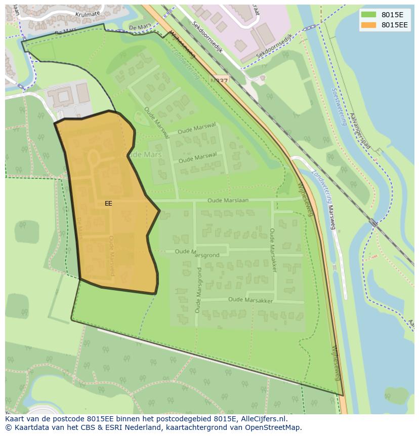 Afbeelding van het postcodegebied 8015 EE op de kaart.