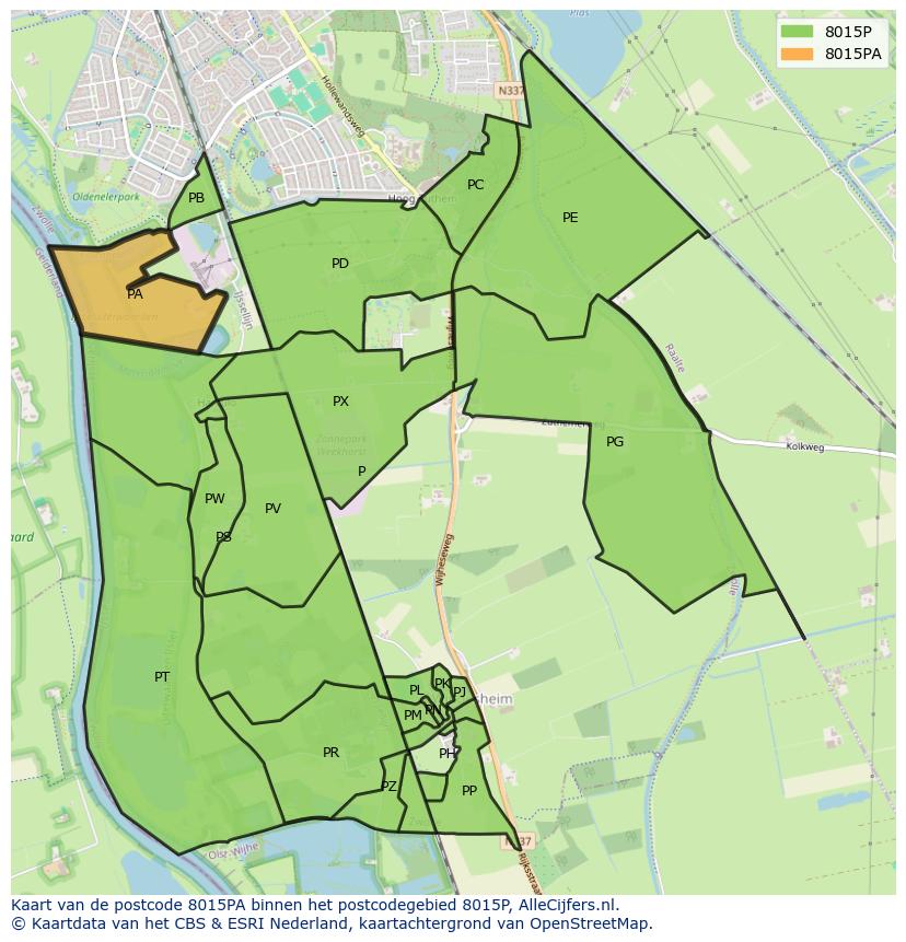 Afbeelding van het postcodegebied 8015 PA op de kaart.