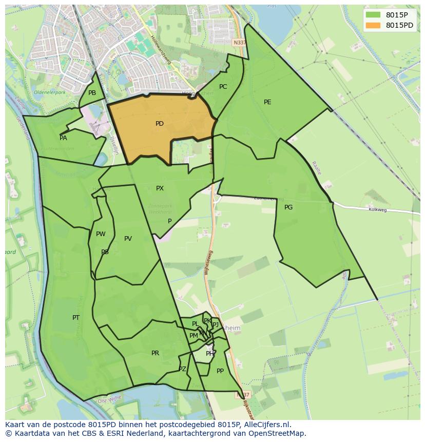 Afbeelding van het postcodegebied 8015 PD op de kaart.