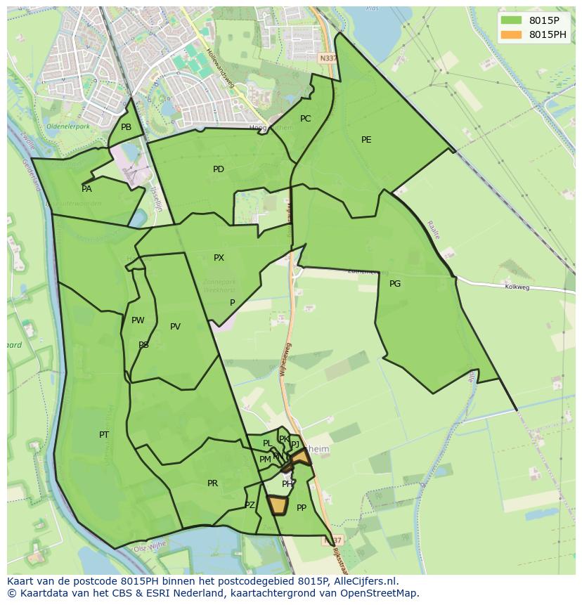 Afbeelding van het postcodegebied 8015 PH op de kaart.