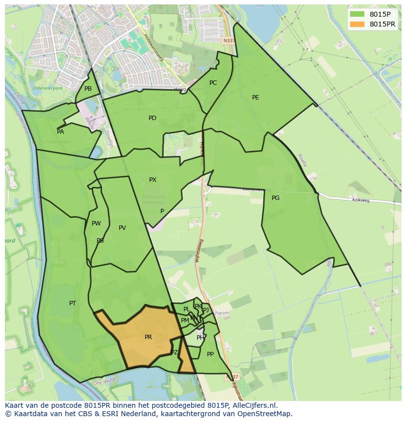 Afbeelding van het postcodegebied 8015 PR op de kaart.