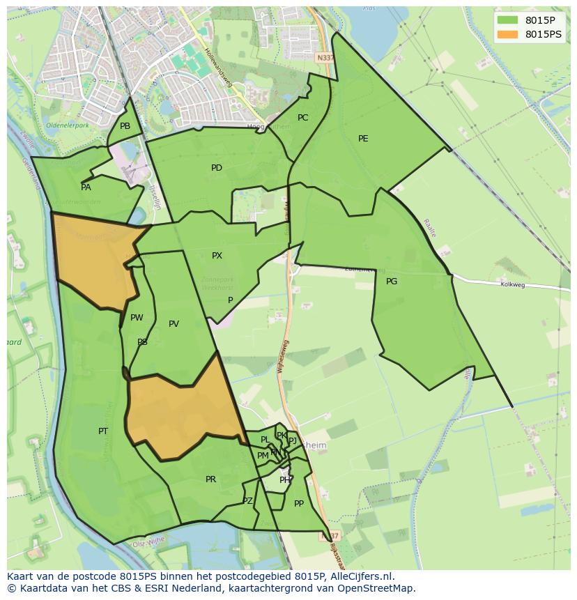 Afbeelding van het postcodegebied 8015 PS op de kaart.