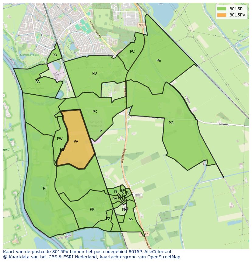 Afbeelding van het postcodegebied 8015 PV op de kaart.