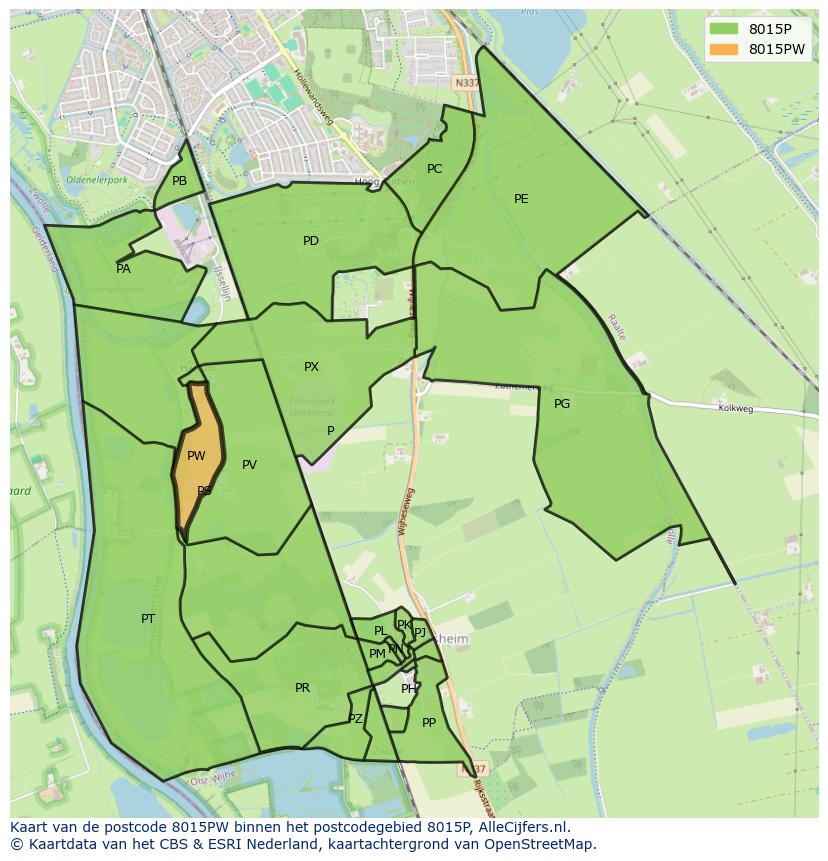 Afbeelding van het postcodegebied 8015 PW op de kaart.