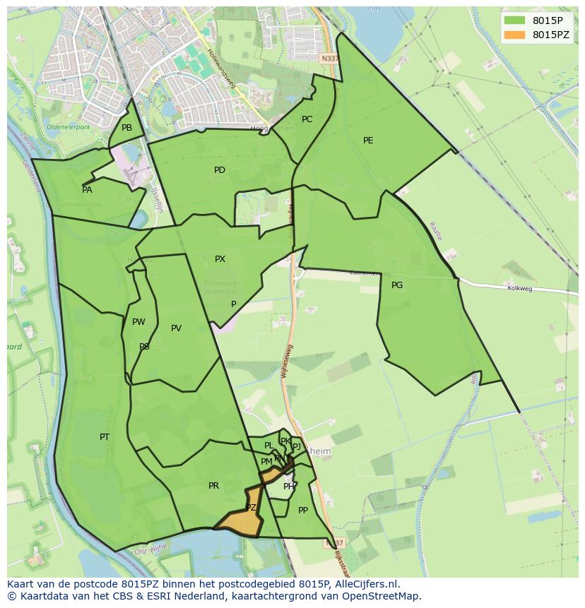 Afbeelding van het postcodegebied 8015 PZ op de kaart.