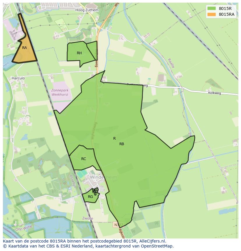 Afbeelding van het postcodegebied 8015 RA op de kaart.