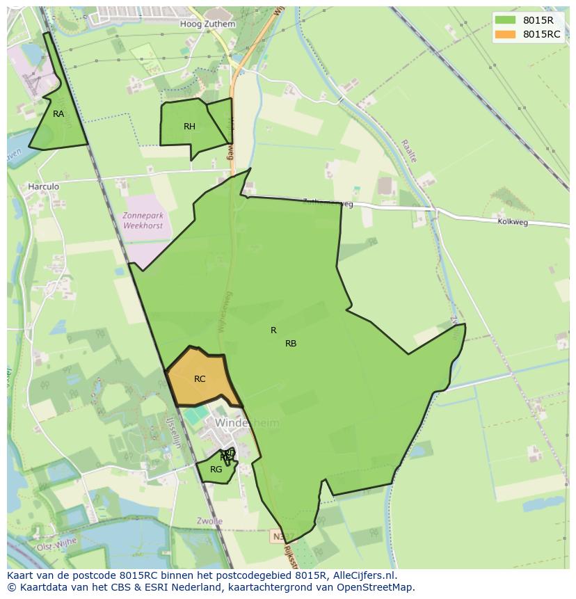 Afbeelding van het postcodegebied 8015 RC op de kaart.
