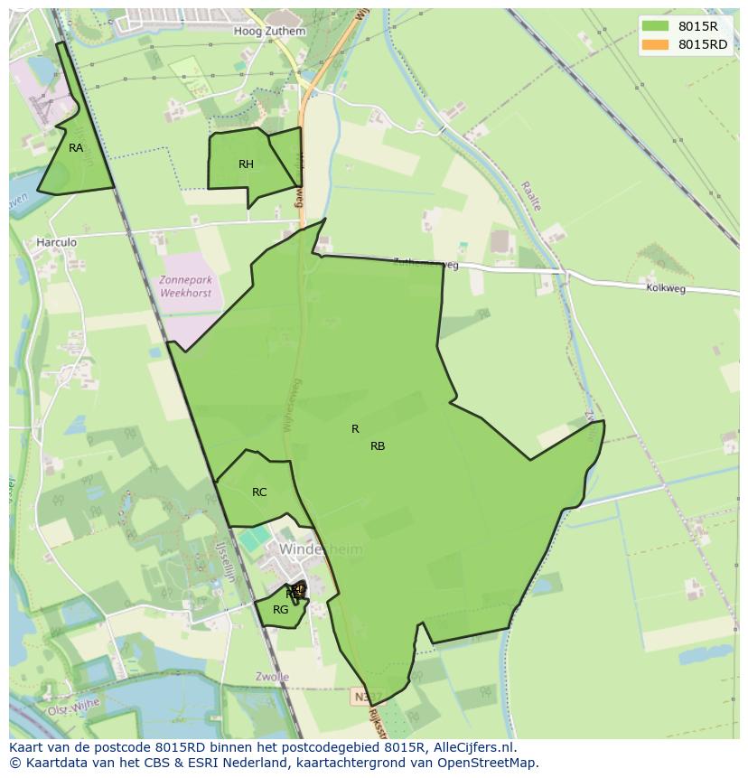 Afbeelding van het postcodegebied 8015 RD op de kaart.