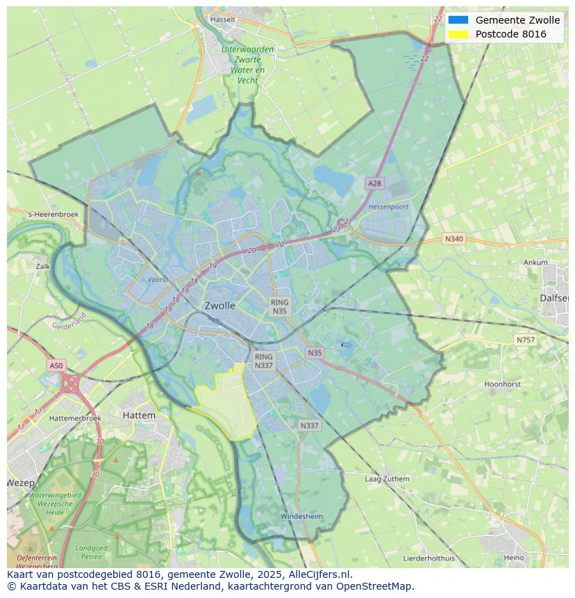 Afbeelding van het postcodegebied 8016 op de kaart.