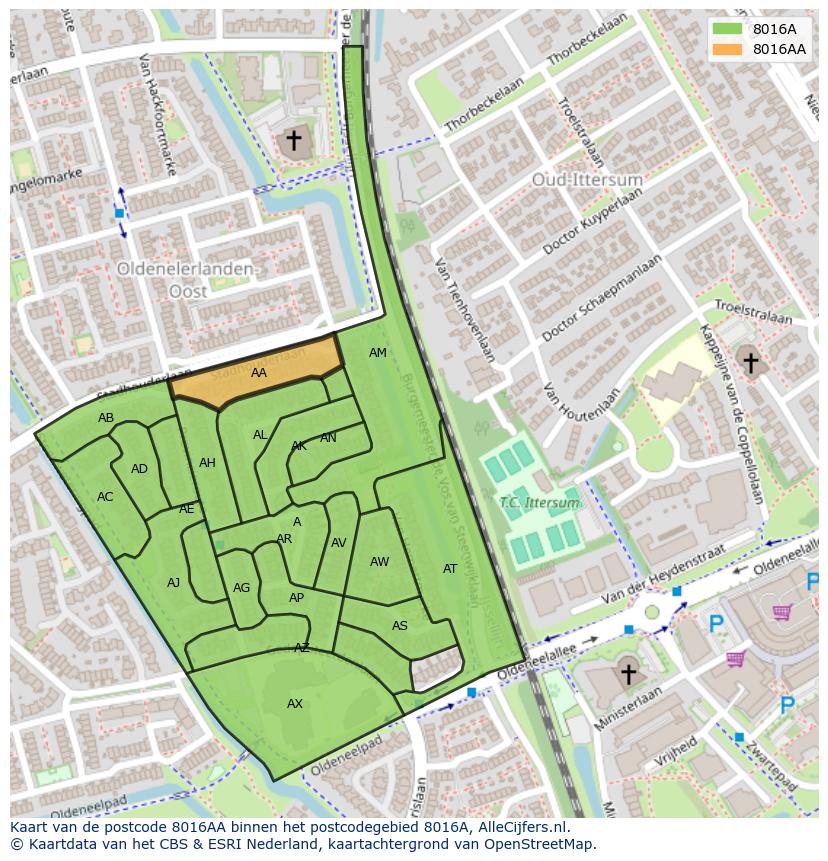 Afbeelding van het postcodegebied 8016 AA op de kaart.