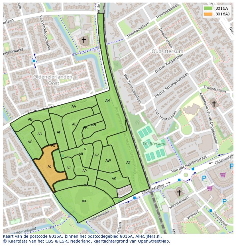 Afbeelding van het postcodegebied 8016 AJ op de kaart.