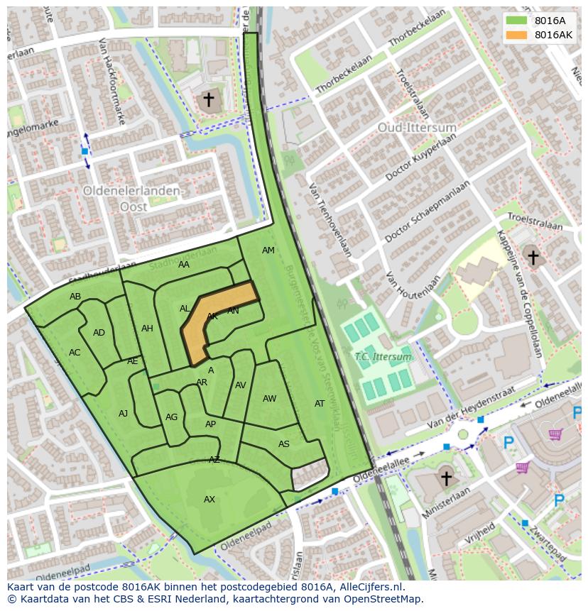 Afbeelding van het postcodegebied 8016 AK op de kaart.