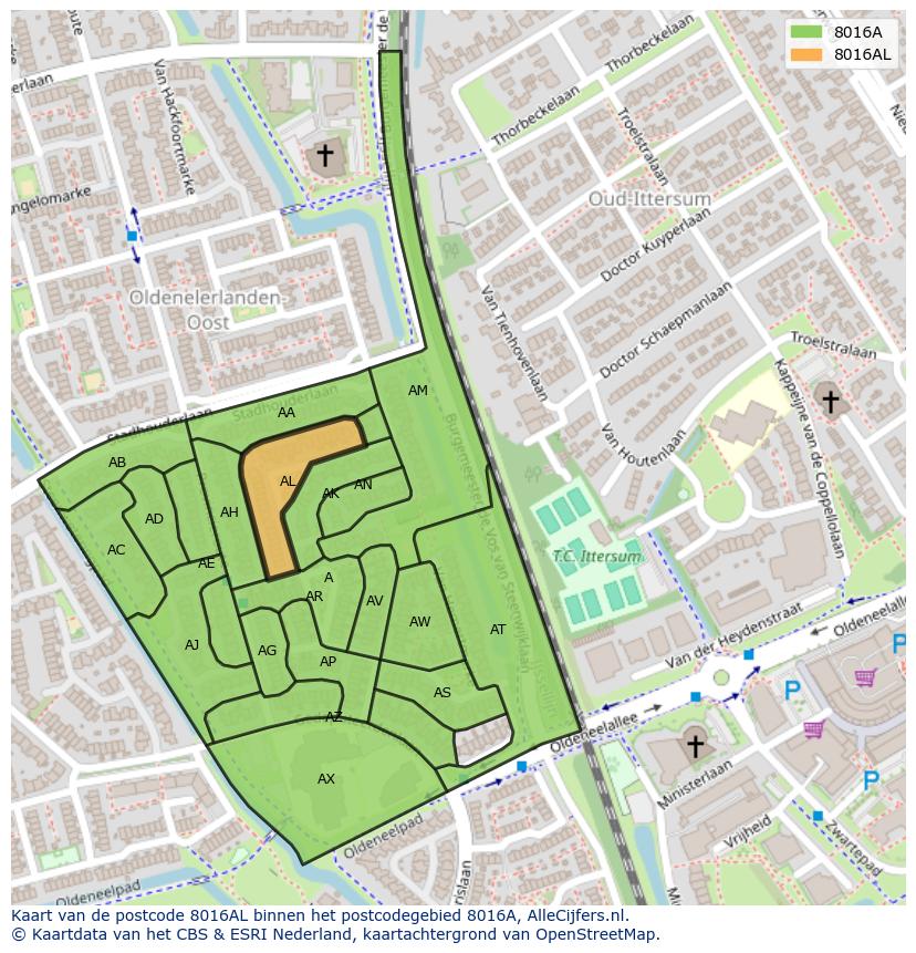 Afbeelding van het postcodegebied 8016 AL op de kaart.