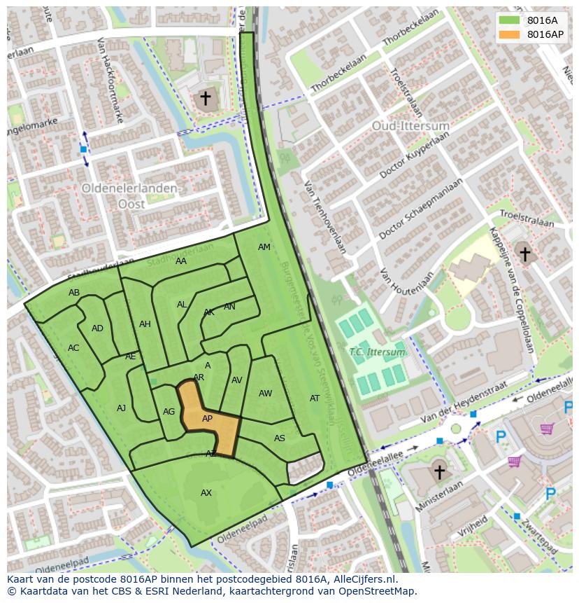 Afbeelding van het postcodegebied 8016 AP op de kaart.