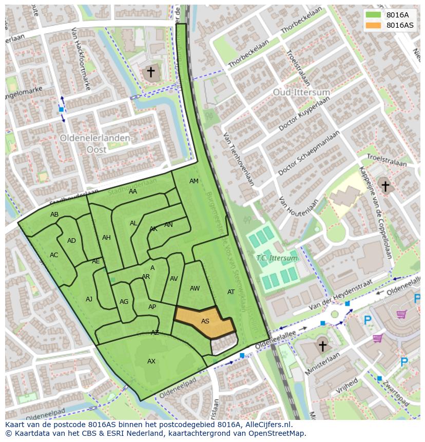 Afbeelding van het postcodegebied 8016 AS op de kaart.