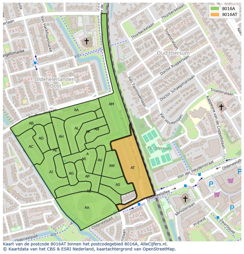 Afbeelding van het postcodegebied 8016 AT op de kaart.